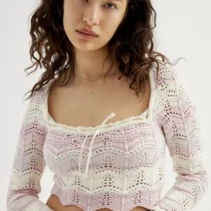 Urban Outfitters UO Blaire Crochet Square Neck Cropped Pink & Cream Sweater EUC